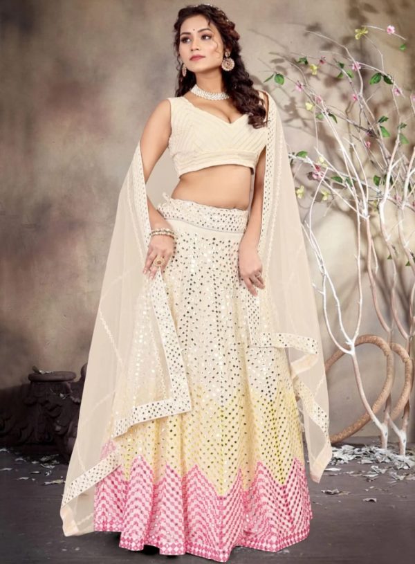 Ivory pink mirror work lehenga set