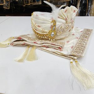 Ivory printed embroidered turban with matching shawl and tassels