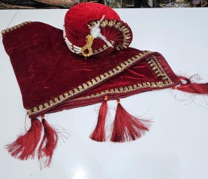 Maroon velvet embroidered turban with matching shawl and tassels