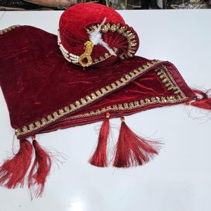 Maroon velvet embroidered turban with matching shawl and tassels