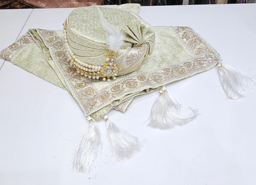 Sage Green Embroidered Turban with Shawl