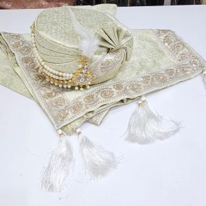Sage green embroidered turban with matching shawl and tassels
