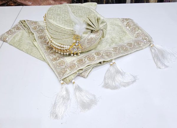 Sage green embroidered turban with matching shawl and tassels