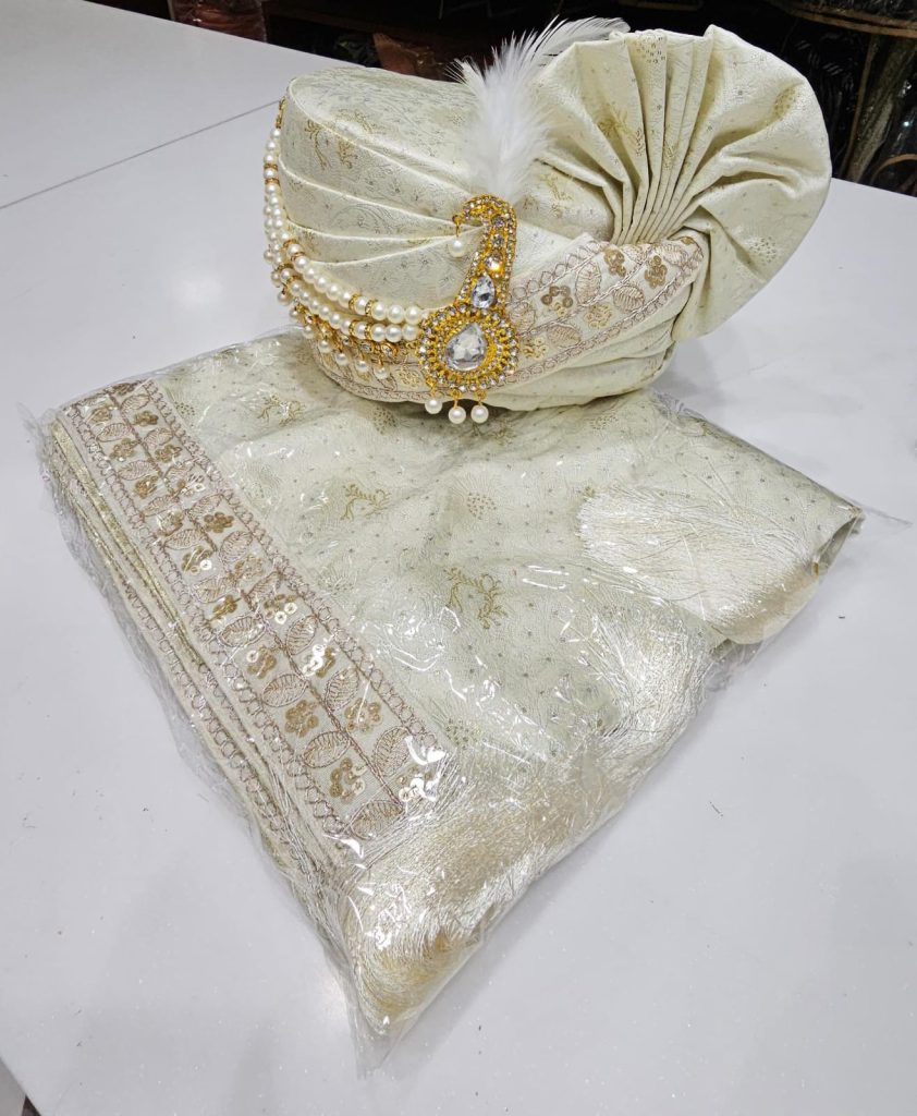 Sage green embroidered turban and shawl set, alternate view