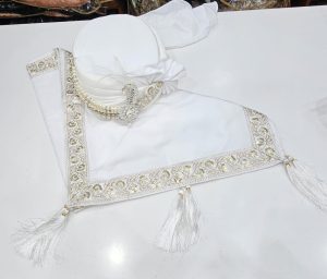White pearl embroidered turban with matching shawl and tassels