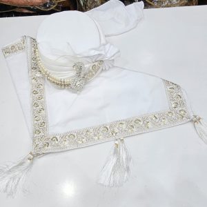 White pearl embroidered turban with matching shawl and tassels