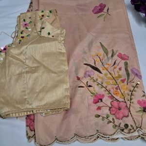 Blush Beige Floral Tabby Silk Saree with Sequins & Katdana Handwork