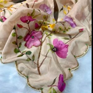 Blush Beige Floral Tabby Silk Saree with Sequins & Katdana Handwork