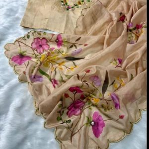 Blush Beige Floral Tabby Silk Saree with Sequins & Katdana Handwork