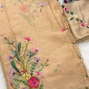 Blush Beige Floral Tabby Silk Saree with Sequins & Katdana Handwork