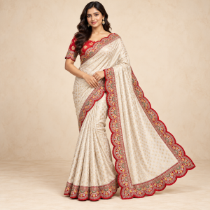 Off-White & Red Banarasi Art Silk Saree with Scalloped Embroidery