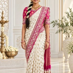 Ivory & Magenta Zari Border Silk Saree