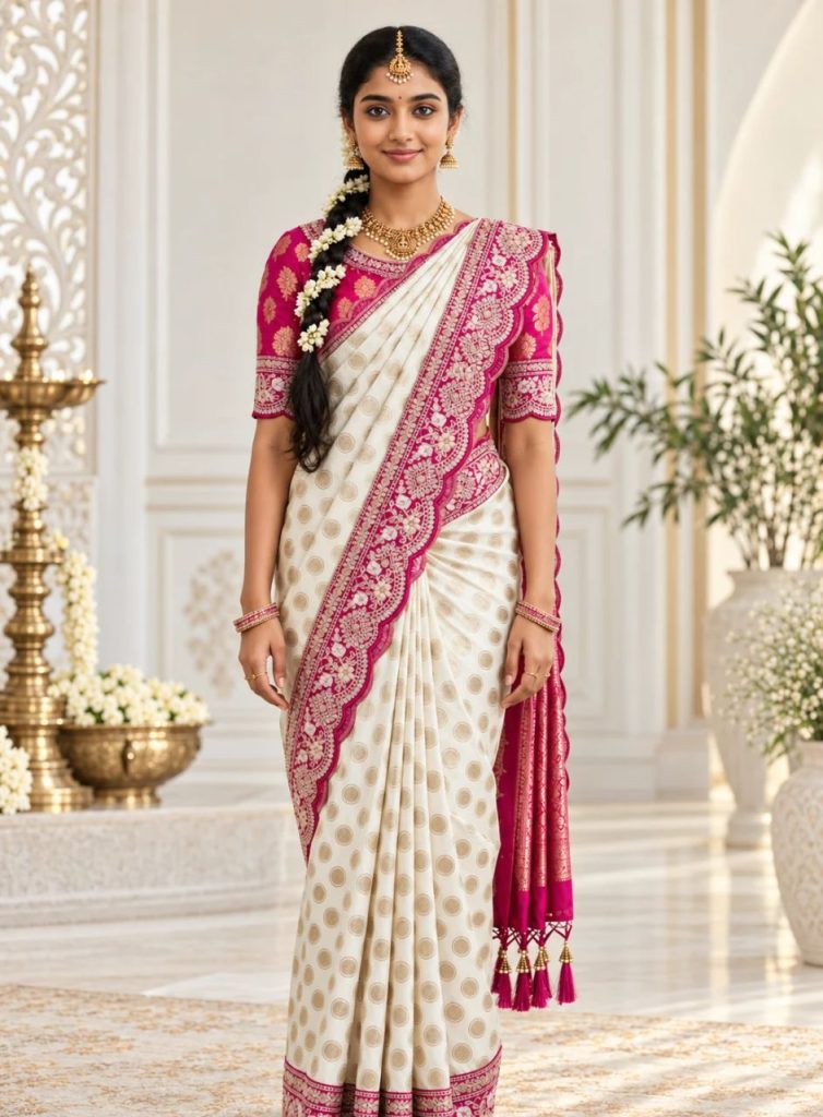 Ivory & Magenta Zari Border Silk Saree
