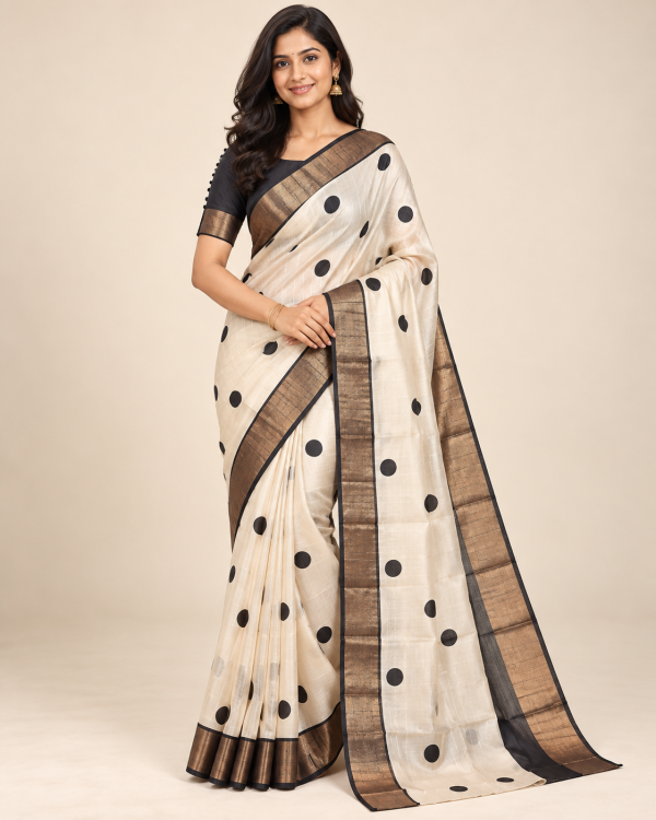 Model wearing an ivory Tussar silk polka dot saree with antique copper gold zari border and black blouse