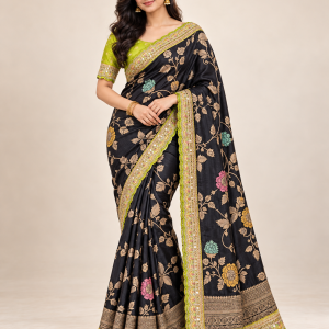 Model wearing an onyx black Dola silk saree with multicolour floral vines, gold zari and lime green scalloped trim