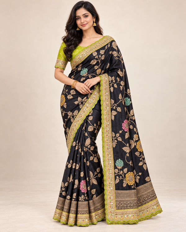 Model wearing an onyx black Dola silk saree with multicolour floral vines, gold zari and lime green scalloped trim