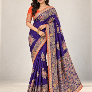 Model wearing a royal violet Dola silk saree with floral meenakari motifs, gold zari borders and an orange blouse