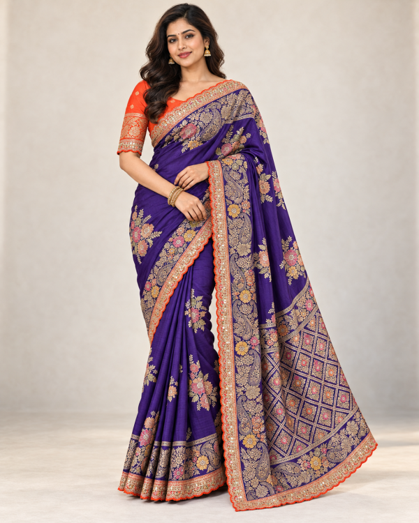 Model wearing a royal violet Dola silk saree with floral meenakari motifs, gold zari borders and an orange blouse