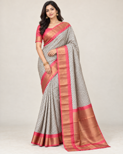 Model wearing an ivory and black chevron printed silk saree with coral pink gold zari border and matching blouse