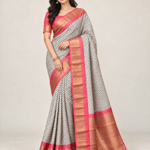 Model wearing an ivory and black chevron printed silk saree with coral pink gold zari border and matching blouse