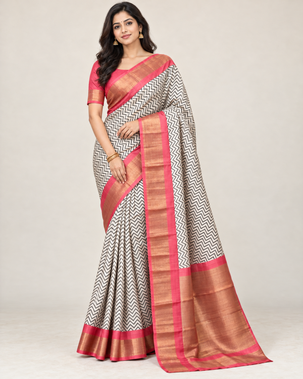 Model wearing an ivory and black chevron printed silk saree with coral pink gold zari border and matching blouse