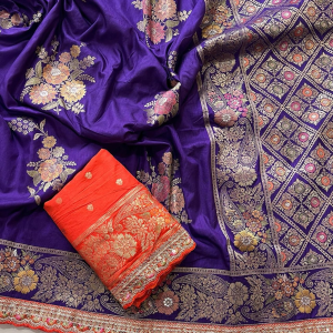 Radiant Violet & Burnt Orange Embroidered Border Dola Silk Saree