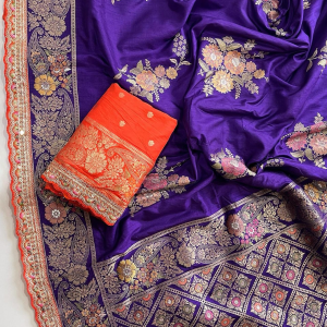 Radiant Violet & Burnt Orange Embroidered Border Dola Silk Saree
