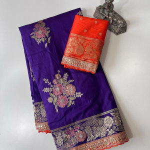 Radiant Violet & Burnt Orange Embroidered Border Dola Silk Saree