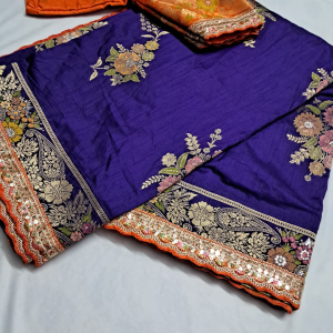 Radiant Violet & Burnt Orange Embroidered Border Dola Silk Saree