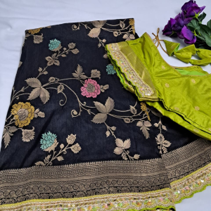 Elegant Onyx Black & Lime Green Embroidered Lace Border Dola Silk Saree