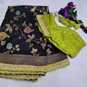 Elegant Onyx Black & Lime Green Embroidered Lace Border Dola Silk Saree
