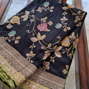 Elegant Onyx Black & Lime Green Embroidered Lace Border Dola Silk Saree