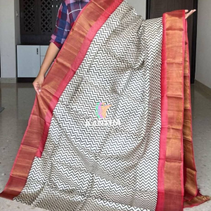Chic Ivory & Black Chevron Printed Silk Saree with Coral Pink Zari Border