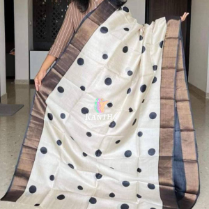 Retro-Chic Ivory Tussar Silk Polka Dot Saree with Antique Zari Border