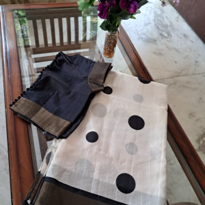 Retro-Chic Ivory Tussar Silk Polka Dot Saree with Antique Zari Border
